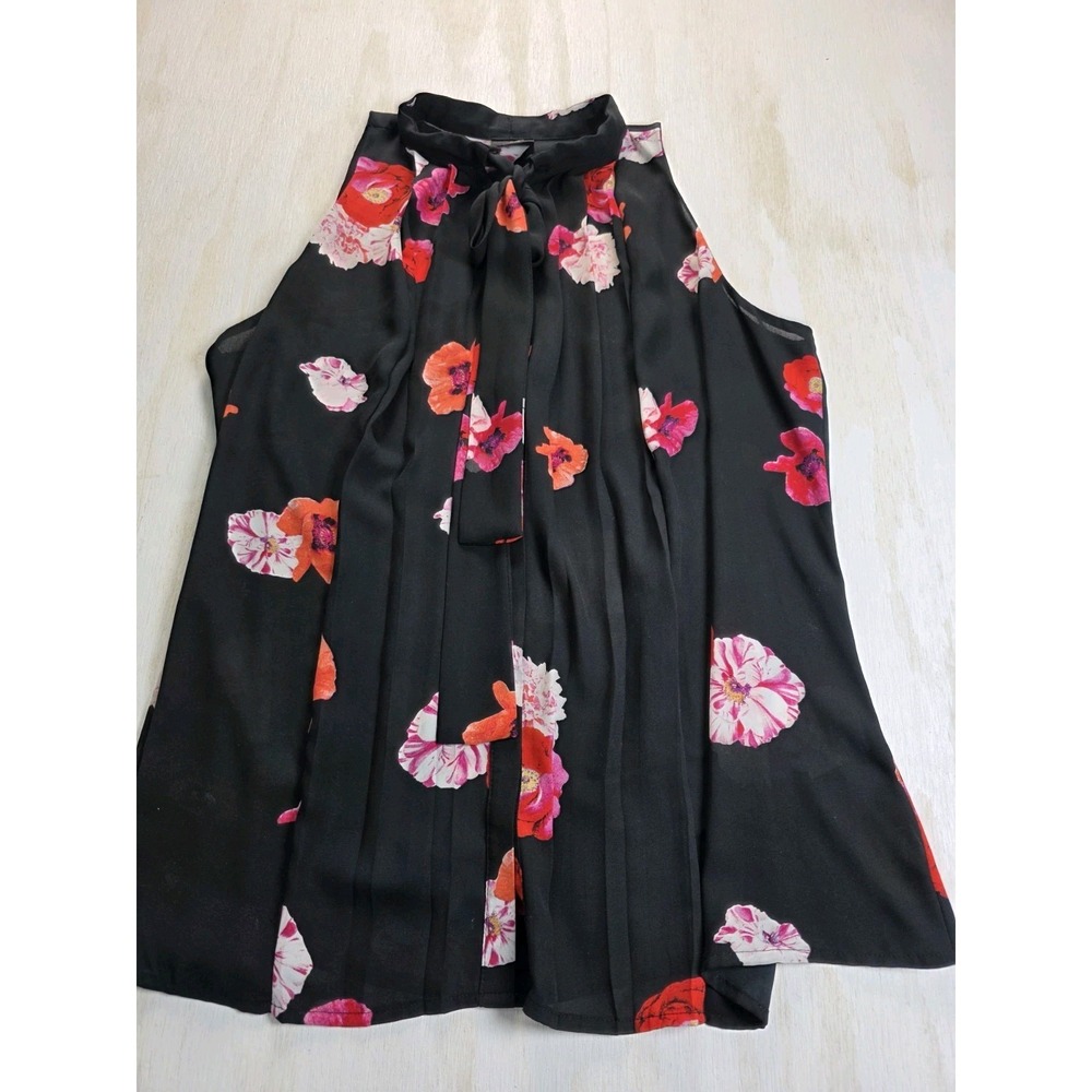 Worthington Size Large Floral Sleeveless Top Blouse Pleated Tie Neck Multicolor